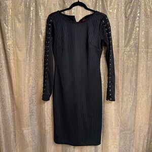 Jennifer Lopez Black Ribbed Bodycon Lace Up Long Sleeve Mini Dress 10 EUC